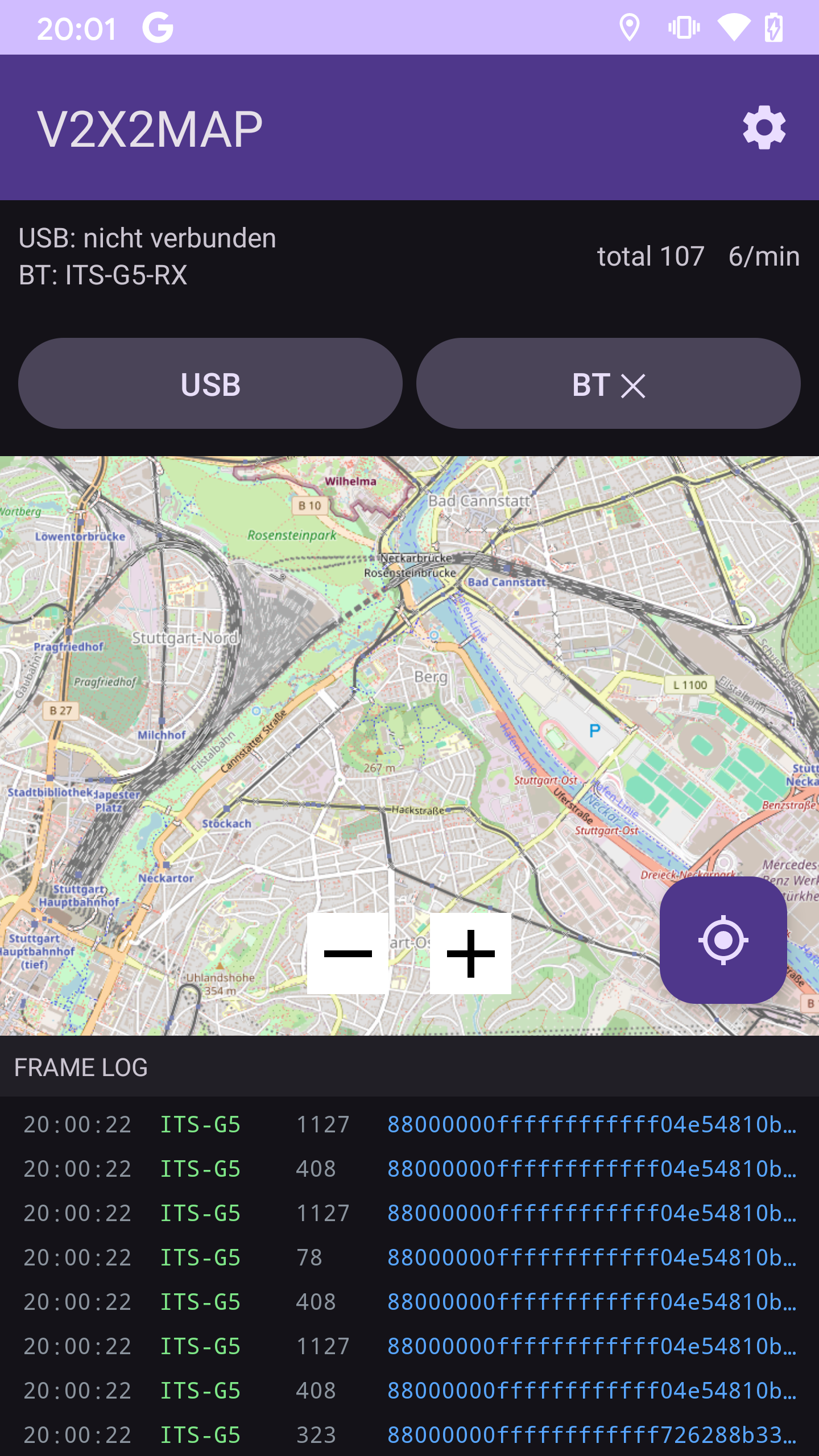 V2X2MAP Android app — live map with ITS-G5 frames rolling in