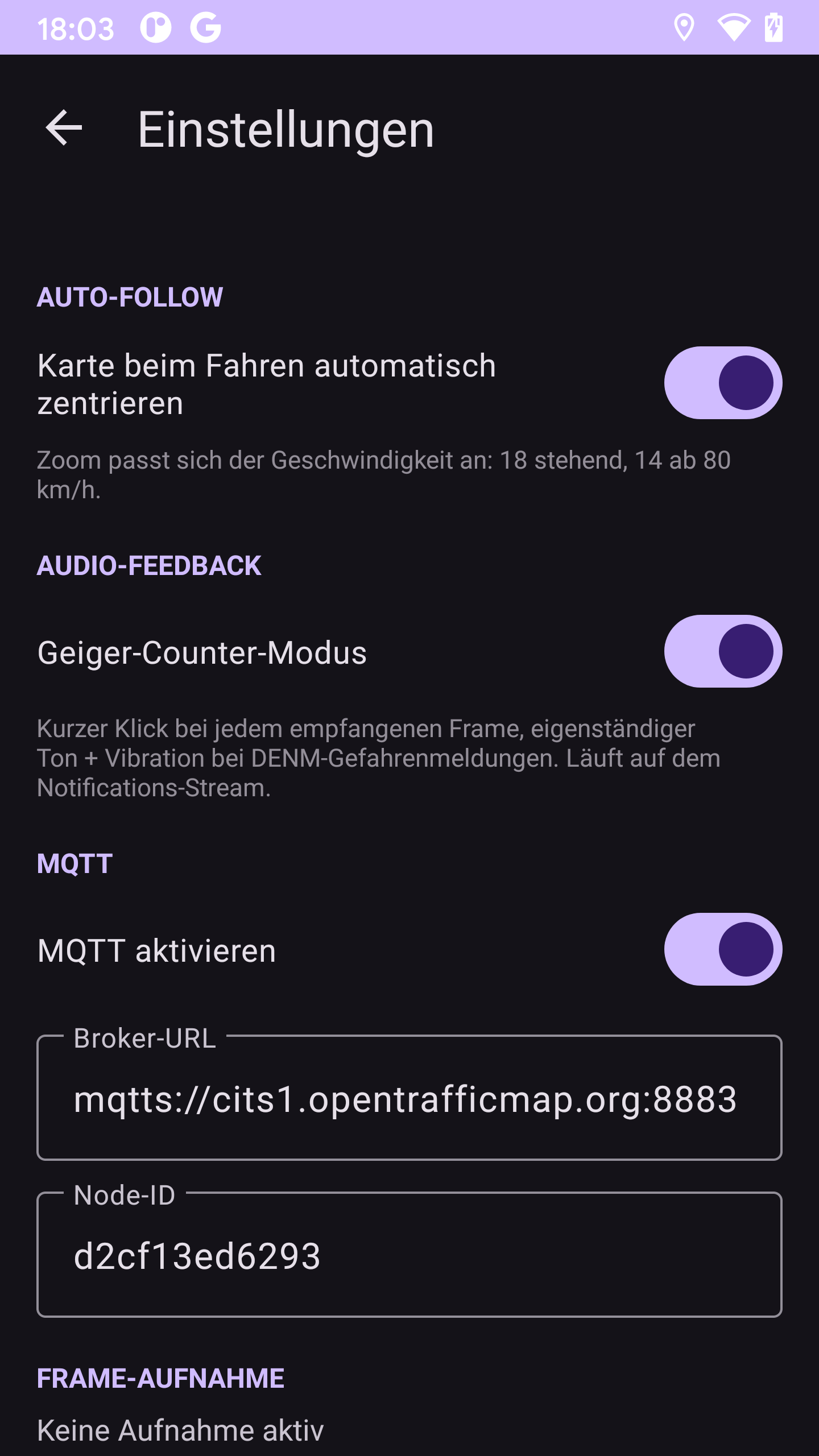 V2X2MAP Android app — settings screen